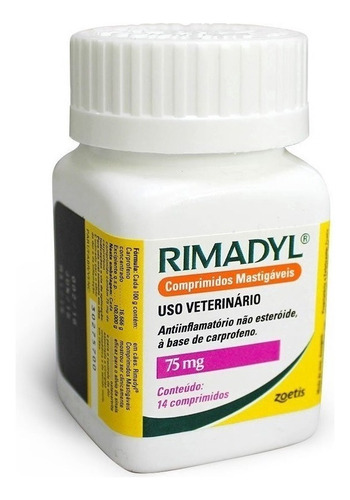 Rimadyl 75mg 14 Comprimidos Anti-inflamatório Carprofeno Peso máximo do animal 30 kg Peso mínimo do animal 15 kg