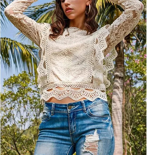 Blusa Elegante De Encaje De Manga Larga Para Mujer