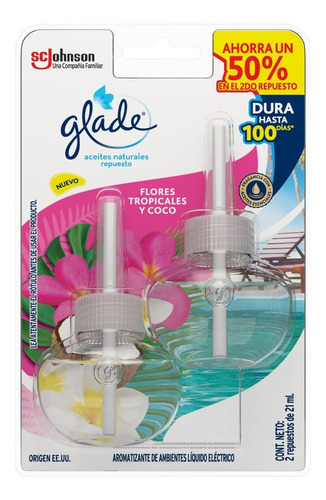 Imagen 2 de 6 de Glade Aceites Naturales Flores Tropicales Y Coco X 2unidades