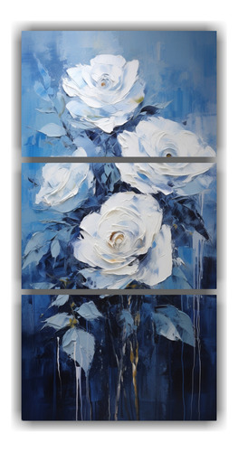 60x120cm Cuadro Abstracto Tríptico Azul Rosas Bastidor Made