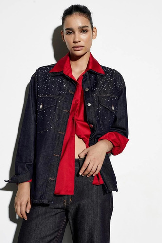 Campera De Jean Oscuro Con Brillos De Mujer Tendencia