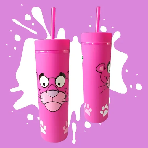Vaso Skinny Mate Personalizado Pantera Rosa Con Popote Meses Sin Intereses