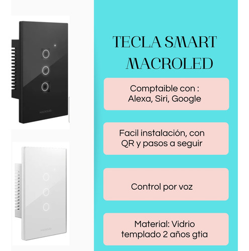 Imagen 3 de 6 de Tecla Llave Smart Tactil Vidrio 3 Luces Canales Alexa Google