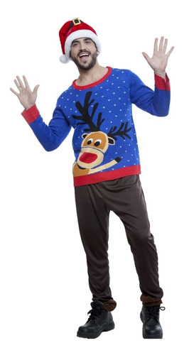 Suéter De Navidad Color Azul, Suéter Para Navidad, Con Reno 