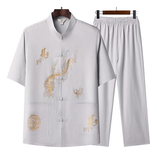 Pijama Hombre Estilo Chino Dragón Patrón Camisa E Pantalon