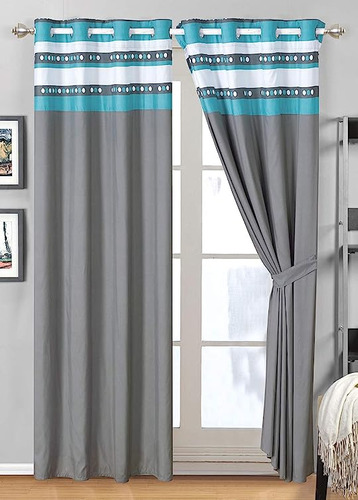 Juego 4 Cortinas Microfibra Azul Aguamarina Gris Blanco 107