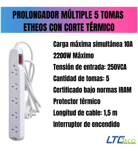 Imagen 3 de 10 de Zapatillas Prolongador 5 T Enchufe Etheos 1,5 Metros Alargue