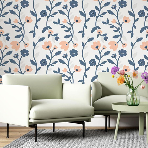 Imagem 1 de 5 de Papel De Parede Adesivo Floral Azul E Rosa N06185 Rolo De 0,