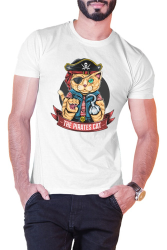 Playera Halloween Gatito Pirata Personalizada Blanca Y Negra