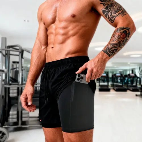 Shorts Bermuda Compressão 2 Em 1 Sandrini Academia Bolso Preto Liso P