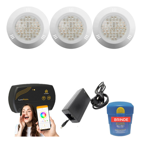 Kit Led Piscina 60m² - 3 Leds 9w, Smart Lux + Fonte