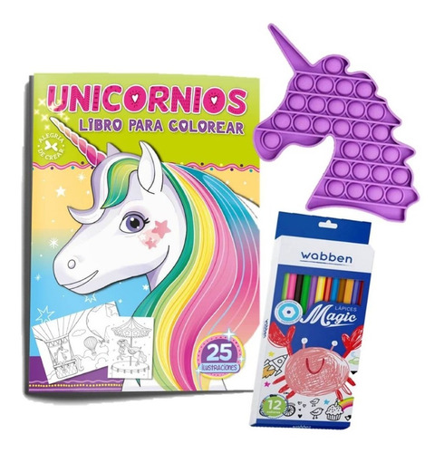 Kit Libro Y Lápices Para Colorear Unicornios + Pop It Regalo