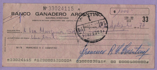 Antiguo Cheque Del Banco Ganadero Argentino