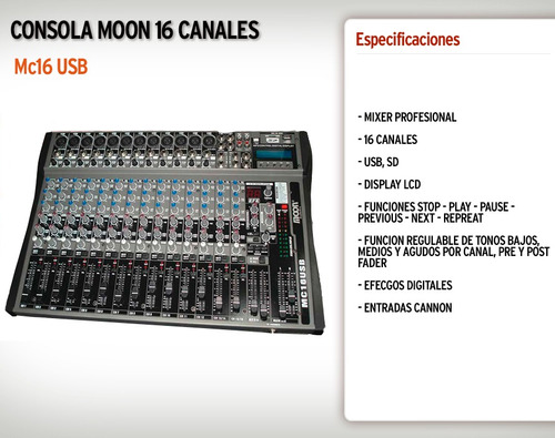 Consola Moon Mc16usb Mixer 16 Canales Usb Mp3