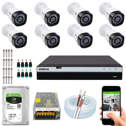Kit Cftv 8 Cameras Segurança Vhd 1220b 2m Intelbras Dvr 3116