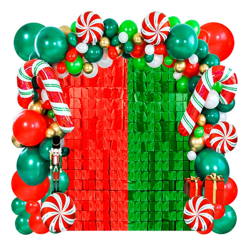 Set X2 Cortina Navidad Verde Y Roja Metalizada Papa Noel