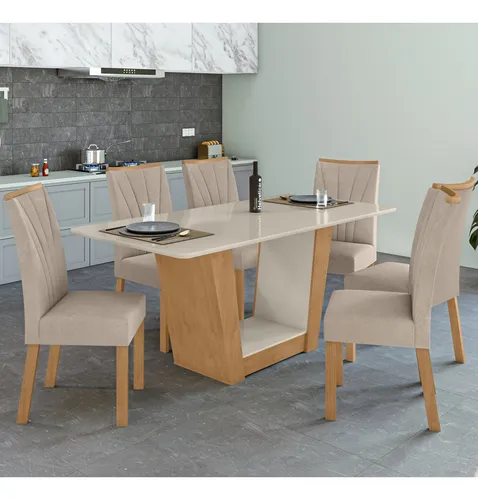 Conjunto Sala De Jantar Móveis Lopas Móveis Lopas Com 6 Cadeiras Mesa De - Amêndoa Clean/off White/naturale Creme