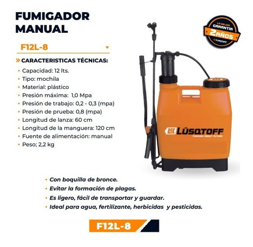 Pulverizador Fumigador Lusqtoff Mochila 12 L Manguera Lanza