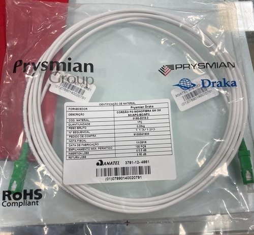 100x Cordão Fo Monofibra Sm 3m Marca Prysmian Draka