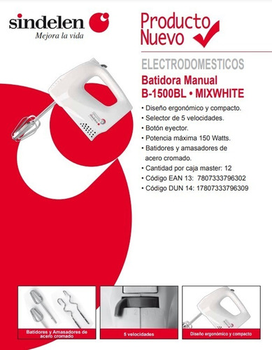 Imagen 2 de 5 de Batidora Sindelen Manual B-1500bl