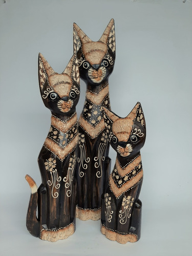 Familia Gatos Madera Marron Decorativo 50cm - 38cm - 28cm