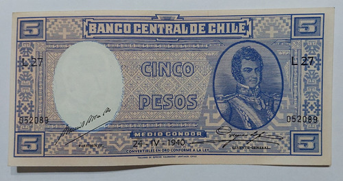 Billete Chileno De Cinco Pesos Fechado Año 1940
