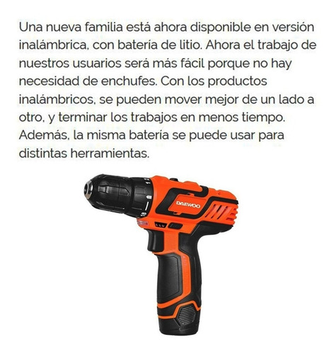 Imagen 4 de 10 de Taladro Inalambrico Atornillador Litio 10mm Daewoo En Cuotas