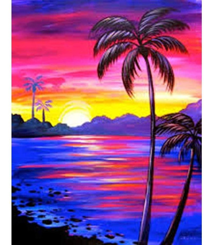  Pintura Palmeras Atardecer Diamante 5d Pto Cruz Stock!