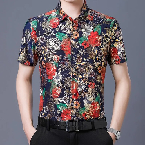 Camisa De Manga Corta Con Estampado Masculino De Verano Flor