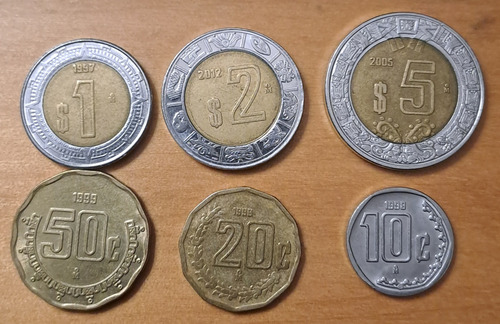 Mexico X 6 Monedas Incluye 1 Peso 1997 Bimetalica. Usadas ! (Usado)