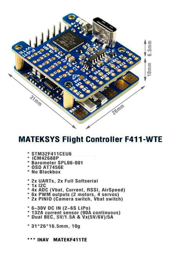 Controlador De Vuelo Matek Systems F411-wte F4 100mhz