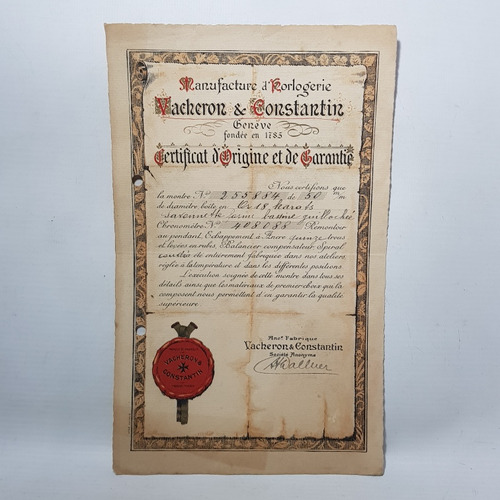 Vacheron Constantin Antiguo Certificado Uso Reloj Mag 59384