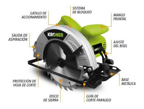 Imagen 2 de 3 de Sierra Circular Mano Kroner 1500 Watts Uso Profesional Disco 185 Mm Verde Lima 50/60 Hz