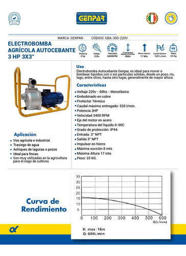 Electrobomba Autocebante 3hp 3x3 220v 1f Genpar