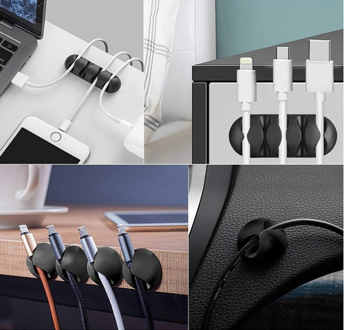 Imagen 2 de 9 de Organizador De Cables Soporte Clip Adhesivo Negro Set X 10u