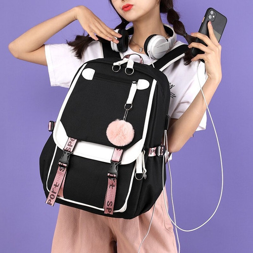 Mochila Kawaii Coreana Para Jóvenes Con Puerto Usb, Bolsa De