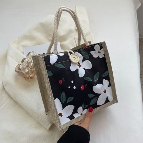 Bolso De Lona Con Flores, Tela De Lino, Bolsa De Desayuno Pa