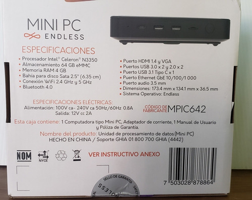 Imagen 6 de 9 de Mini Pc Endless Celeron N3350 4gb Ram 64 Emmc Slot 2.5