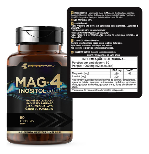 Mag4 Magnesio Quelato Dimalato Oxido Taurato 60cáps Ecomev Sabor Sem Sabor