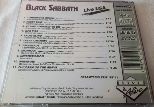 Black Sabbath - Live Usa Cd Bootleg Ed. Europea Heavy Metal (Usado)