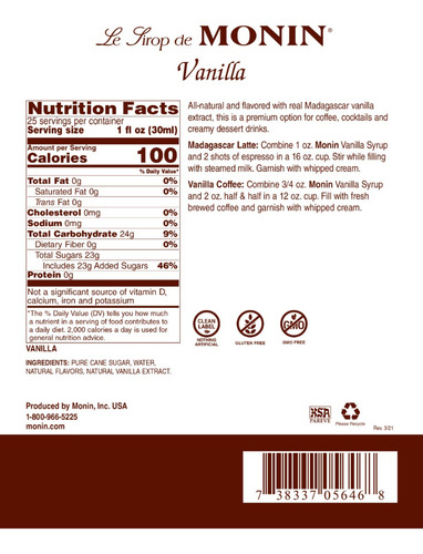 Syrup Monin Café Cocktail Sabor Vainilla 750 Ml