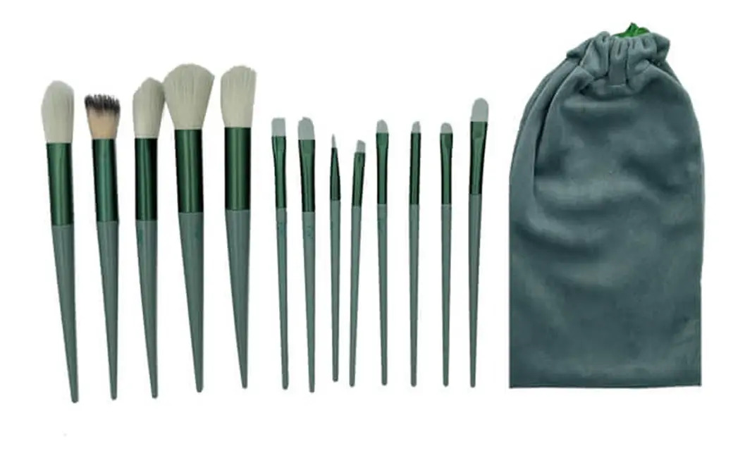 Kit Pincéis Maquiagem 13 Peças Braslu Verde Cerdas Sintéticas Bolsa