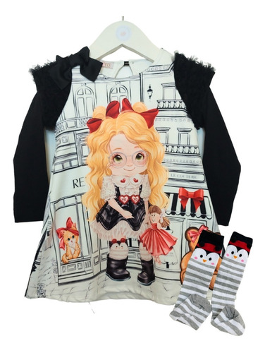 Imagem 2 de 6 de Vestido Infantil Yoyo Menina + Meia Pinguim 23116 B.e.