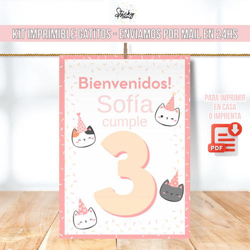 Kit Imprimible Banderines Toppers Gatitos Dulces Cumple!
