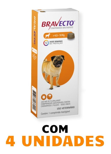 Bravecto Combo 4 Unid 250 Mg Comprimido Cães 4,5 A 10 Kg