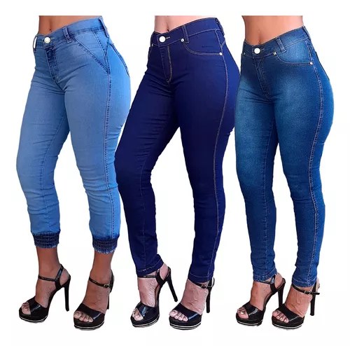 Kit 3 Calça Jeans Feminina Skinny Cintura Alta Com Lycra