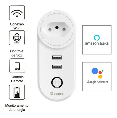 Tomada Inteligente Alexa Smart Wifi 2 Entradas Usb Google Cor Branco