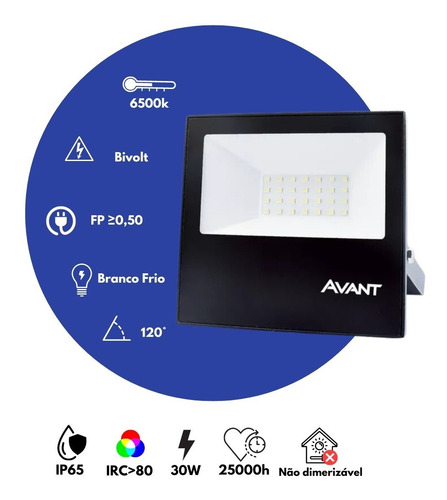 Refletor Led 30w Bivolt Branco Frio 6500k Avant