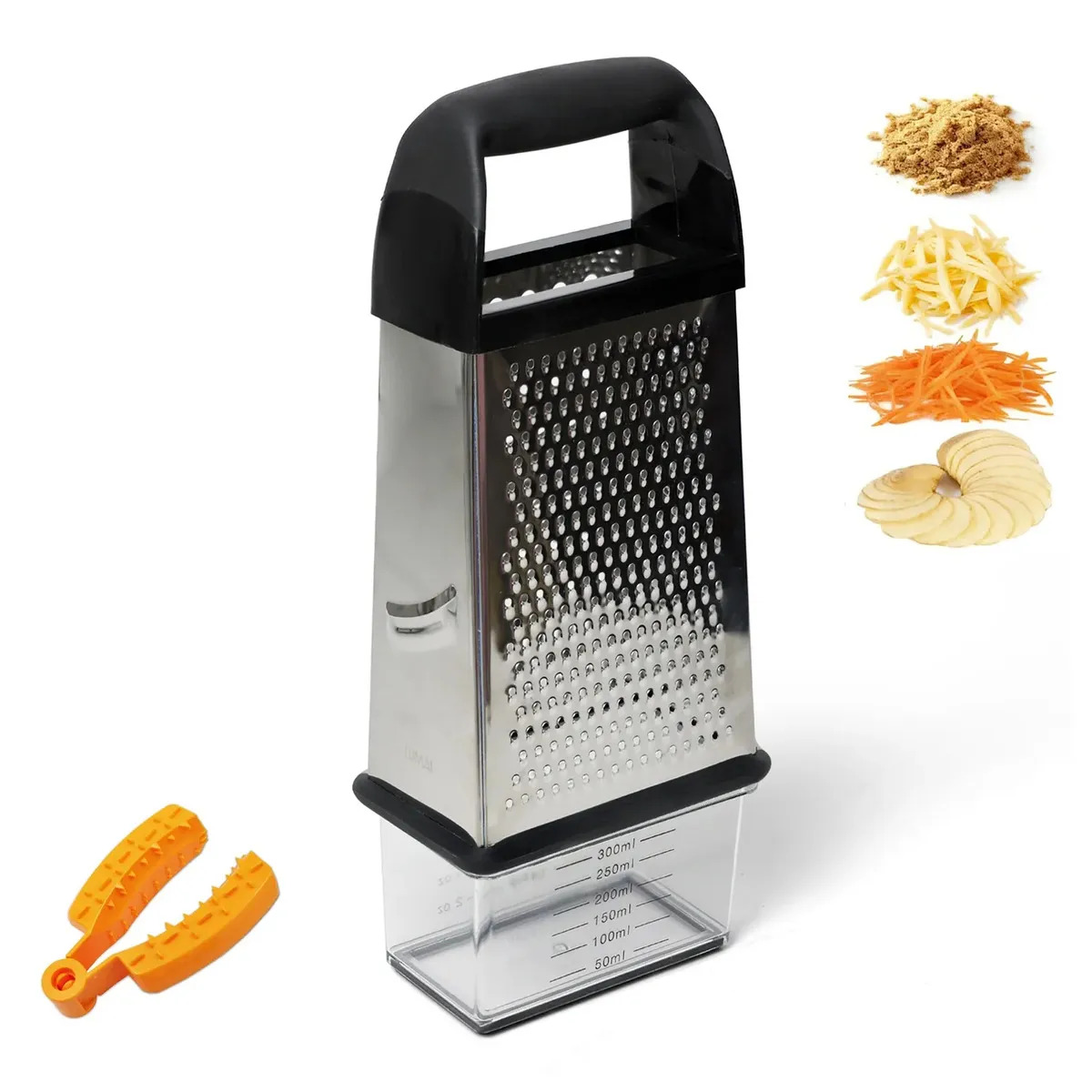 LUMAI Ralador de Queijo e Legumes Fatiador 4 em 1 Aço Inox Premium com Cesto Removível Base Antiderrapante com Protetor de Dedos