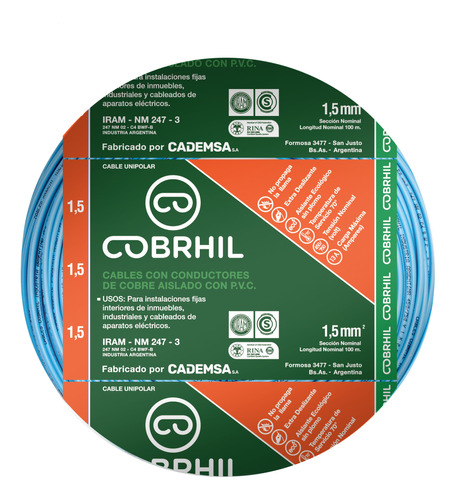 Cable Unipolar Normalizado Cobrhil 1x1.5mm² Pack X3 Rollos